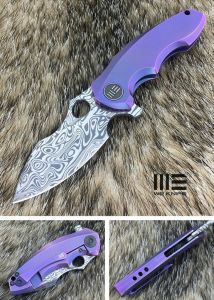 We Knife Co.- 605DS , Gentlemen's Folding Knife , Flipper , Purple Titanium Handles , 3'' Damasteel Blade , W/ Pocket Clip , Limited Edition