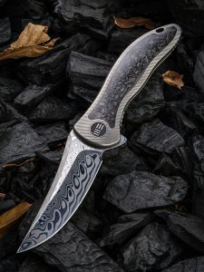 WE KNIFE CO -912CF-DS1 , Synergy2 , Hakkapella Damasteel , 6AL4V Titanium with Shredded Carbon Fibre Inlay ,Tip-Up, Right Carry