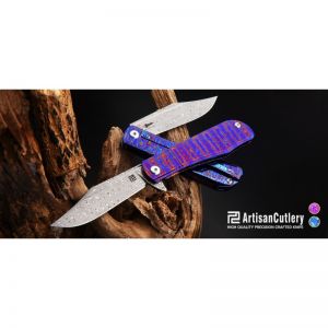 Artisan cutlery hyperion atz-1834gsd damascus blade titanium damascus handle folding knives