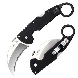 Cold Steel Knives- 22KFS , Tiger Claw Folding Karambit Tactical Knife , 3'' Serrated Blade ,  Black G-10 Handles , W/ Pocket Clip
