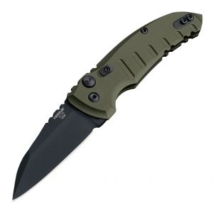 A01-MicroSwitch Automatic Folder (Kroll Exclusive): 2.75" Wharncliffe Blade - Black Cerakote Finish, Matte OD Green Aluminum Frame
