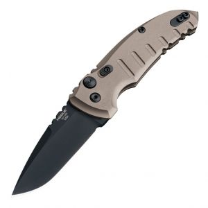 A01-MicroSwitch Automatic Folder: 2.75" Drop Point Blade - Black Cerakote Finish, Matte FDE Aluminum Frame