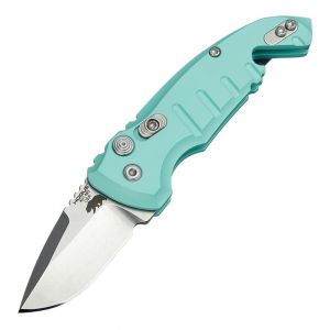 A01-MicroSwitch Automatic Folder: 1.95" Wharncliffe Blade - Tumbled Finish, Aquamarine Aluminum Frame