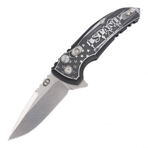 X1-MicroFlip Manual Flipper (Chattanooga Shooting Supplies Exclusive): 2.75" Drop Point Blade, Custom Outlaw Ordnance Engraving - I Stand
