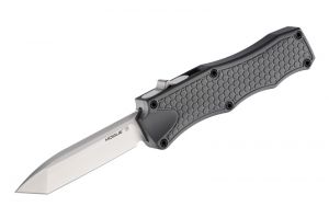 Hogue Knives- 34002 , OTF, Tactical Knife , 3.5'' Tanto Plain Blade , Matte Grey Aluminum Frame, W/ Pocket Clip