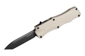 Hogue Knives - 34005 , OTF , 3.5'' Black Tanto Blade ,  Matte Desert Tan Aluminum Handles , W/ Pocket Clip