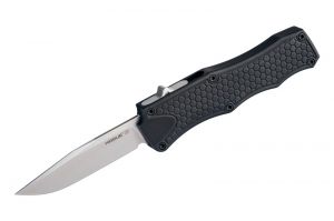 Hogue Knives - 34010 , OTF, Tactical Knife , 3.5'' Clip Point Blade , Black Aluminum Handles , W/ Pocket Clip