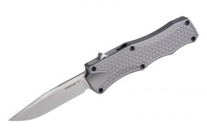 Hogue Knives - 34012 , OTF , Tactical Automatic Knife  , 3.5'' Clip Point Blade ,  Grey Aluminum Handles  , W/ Pocket Clip