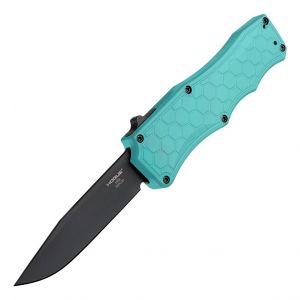 Exploit OTF Automatic (MGE Exclusive): 3.5" Clip Point Blade - Black PVD Finish, Matte Aquamarine Aluminum Frame