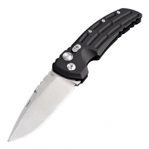 EX-A01 Automatic Folder: 3.5" Drop Point Blade - Tumbled Finish, Matte Black Aluminum Frame