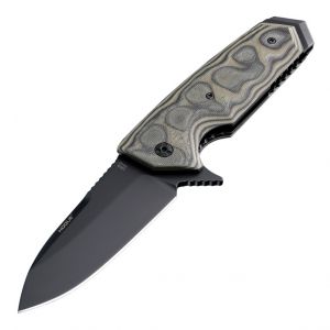 EX-02 Manual Flipper: 3.75" Spear Point Blade - Black Cerakote Finish, G-Mascus Green G10 Scales