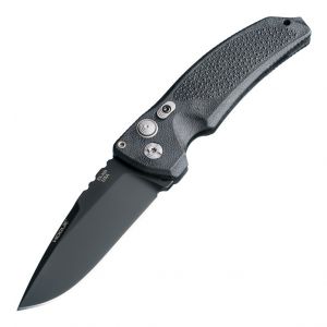 EX-A03 Automatic Folder: 3.5" Drop Point Blade - Black Cerakote Finish, Matte Black Polymer Frame