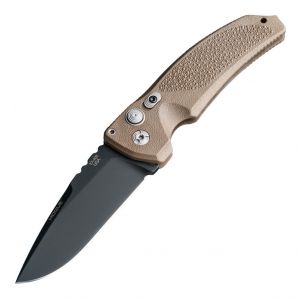 EX-A03 Automatic Folder: 3.5" Drop Point Blade - Black Cerakote Finish, Matte Brown Polymer Frame