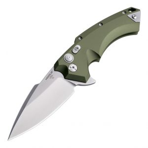 X5 Manual Flipper: 4.0" Spear Point Blade - Tumbled Finish, OD Green Aluminum Frame