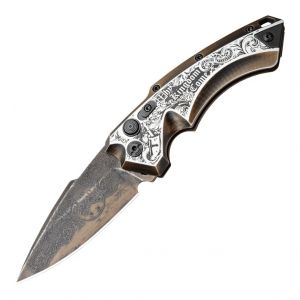 More Views  EX-A05 Automatic Folder (Blade HQ Exclusive): 3.5" Spear Point Blade, Custom Outlaw Ordnance Engraving - Manspot Thy Kindgom Come