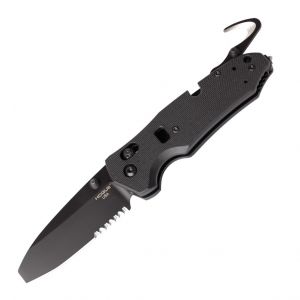 Trauma First Response Tool: 3.4" Opposing Bevel Blade (Partially Serrated) - Black Cerakote Finish, Solid Black G10 Frame