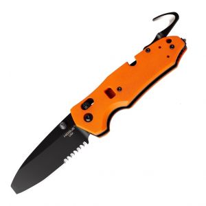 Trauma First Response Tool: 3.4" Sheepsfoot Blade (Partially Serrated) - Black Cerakote Finish, Orange G10 Frame