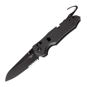Trauma First Response Tool: 3.4" Sheepsfoot Blade (Partially Serrated) - Black Cerakote Finish, Solid Black G10 Frame