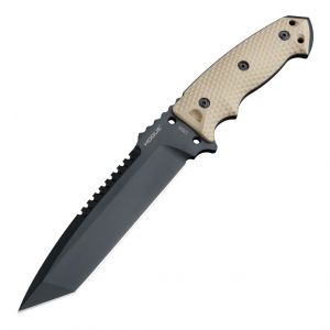 EX-F01 Fixed Blade: 7.0" Tanto Blade - Black Cerakote Finish, FDE G10 Scales