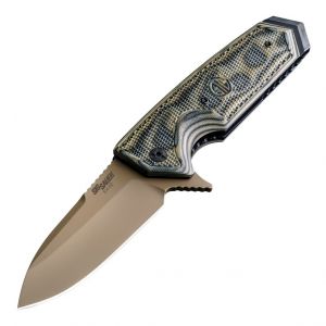 SIG EX-02 Scorpion Manual Flipper: 3.75" Spear Point Blade - FDE PVD Finish, G-Mascus Green G10 Scales