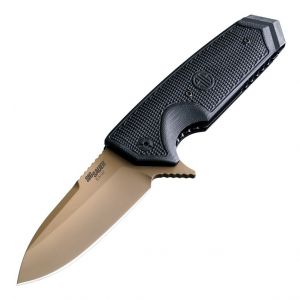 SIG EX-02 Emperor Scorpion Manual Flipper: 3.75" Spear Point Blade - FDE PVD Finish, Solid Black G10 Scales