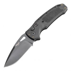 SIG K320A Nitron Automatic Folder: 3.5" Drop Point Blade - Black Cerakote Finish, Black Polymer Frame
