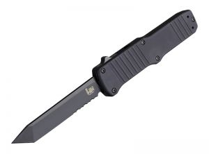 Hogue Knives - 54000  , HK Hadron OTF  Automatic Knife , 3.37'' Tanto Part Serrated Blade , Black Aluminum Handles