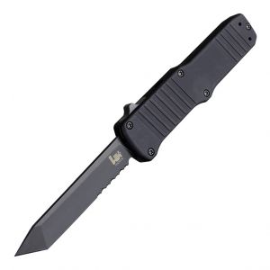 HK Hadron OTF Automatic: 3.375" Tanto Blade (Partially Serrated) - Black PVD Finish, Matte Black Aluminum Frame