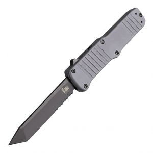 HK Hadron OTF Automatic: 3.375" Tanto Blade (Partially Serrated) - Black PVD Finish, Matte Grey Aluminum Frame