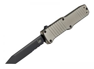 Hogue Knives - 54003 , HK Hadron OTF , Automatic Knife , 3.37'' Tanto Part Serrated Blade , FDE Aluminum Handles , W/ Pocket Clip