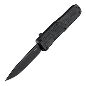 OTF Automatic (Boker Plus Exclusive): 3.375" Clip Point Blade - Black PVD Finish, Matte Black Aluminum Frame