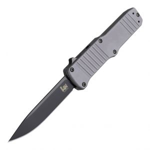 HK Hadron OTF Automatic: 3.375" Clip Point Blade - Black PVD Finish, Matte Grey Aluminum Frame