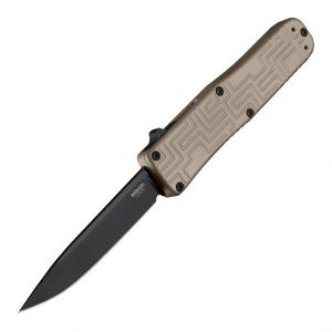 OTF Automatic (Boker Plus Exclusive): 3.375" Clip Point Blade - Black PVD Finish, Matte Coyote Aluminum Frame