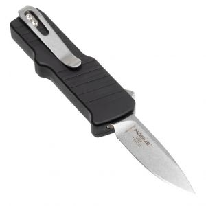 HK Micro Incursion OTF Automatic: 1.95" Clip Point Blade - Tumbled Finish, Matte Black Aluminum Frame