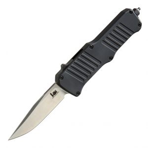 HK Mini Incursion OTF Automatic: 2.95" Clip Point Blade - Tumbled Finish, Matte Black Aluminum Frame