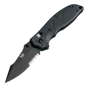 HK Exemplar Manual Folder: 3.25" Clip Point Blade (Partially Serrated) - Black Cerakote Finish, Solid Black G10 Frame