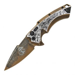 X5 Manual Flipper (Blade HQ Exclusive): 3.5" Spear Point Blade, Custom Outlaw Ordnance Engraving - Manspot Thy Kindgom Come