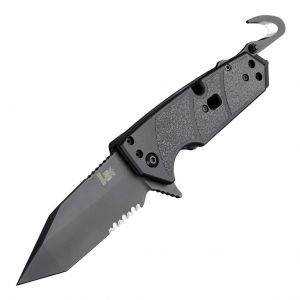 HK Karma First Response Tool: 3.75" Tanto Blade (Partially Serrated) - Black Cerakote Finish, Solid Black G10 Frame