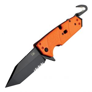 HK Karma First Response Tool: 3.75" Tanto Blade (Partially Serrated) - Black Cerakote Finish, Orange G10 Frame