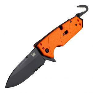 HK Karma First Response Tool: 3.75" Spear Point Blade (Partially Serrated) - Black Cerakote Finish, Orange G10 Frame