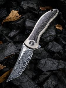 WE KNIFE CO - 912CF-DS2 , Synergy2 , Heimskringla Damasteel , 6AL4V Titanium with Shredded Carbon Fibre Inlay , ip-Up, Right Carry