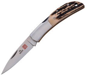 Al Mar-1002SS Hawk Classic Folding Knife, 2-1/2'' Plain Blade, Stainless Steel Handles, With Leather Pouch, Lanyard Hole, Made In Japan