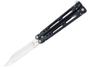 Bear & Son B-400-AIBK-S Bear Song IV Butterfly Knife Black Aluminum Handles, Satin Plain Blade- 35011 , Rare, Discontinued