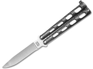 Bear & Son-113 , Small Butterfly Knife, 3.3'' Satin Plain Blade, Silver Vein  Metal Handles