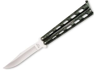 BEAR - 114 - (4 1/8"  440 High Carbon Steel  Plain Edge Blade ) - Butterfly Knife  - Silver Vein Die Metal Handles