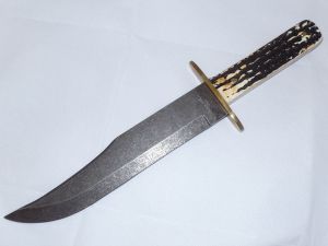 Bear & Son -502D , 14-3/8'' American Bowie Fixed Blade Knife, Genuine Indian Stag Handles, 9'' Damascus Blade, W/ Leather Sheath. Rare, Discontinued