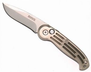 Boker Knives-B0107 Mini Magnum Automatic Folding Knife, 2.65'' Bead Blast Plain Blade, Champagne Aluminum Handles,With Safety