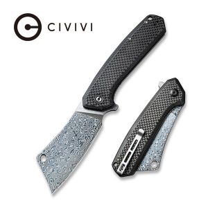 Civivi - Mastodon Flipper Knife Twill Carbon Fiber Overlay On Black G10 Handle (3.83"Damascus) C 2012DS-1