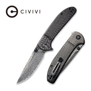 Civivi - Badlands Vagabond Flipper Knife Twill Carbon Fiber Handle (3.25" Black Hand Rubbed Damascus) C 2019DS-1