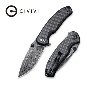 Civivi - Pintail Flipper Knife Twill Carbon Fiber Overlay On Black G10 Handle (2.98" Black Hand Rubbed Damascus Blade) C 2020DS-1